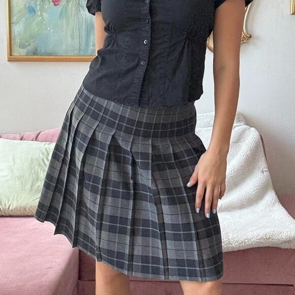 Grey & Black Plaid Midi Skirt - Picture 1 of 4